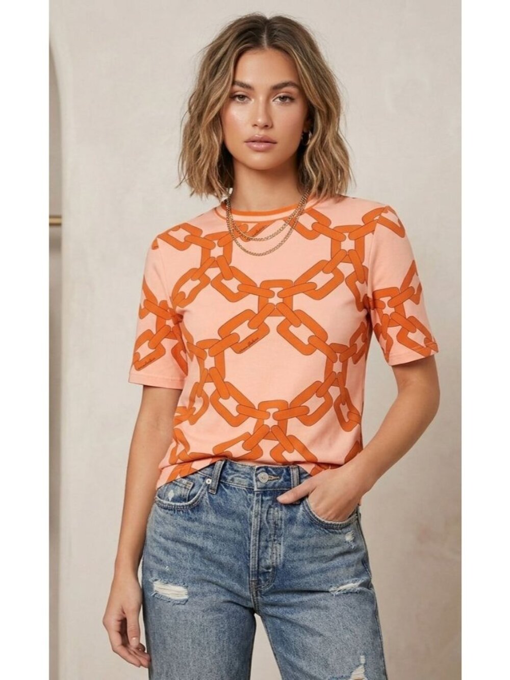 C/MEO‎ Collective Chain Print Crew Neck Top Size S Peach & Orange Short Sleeve